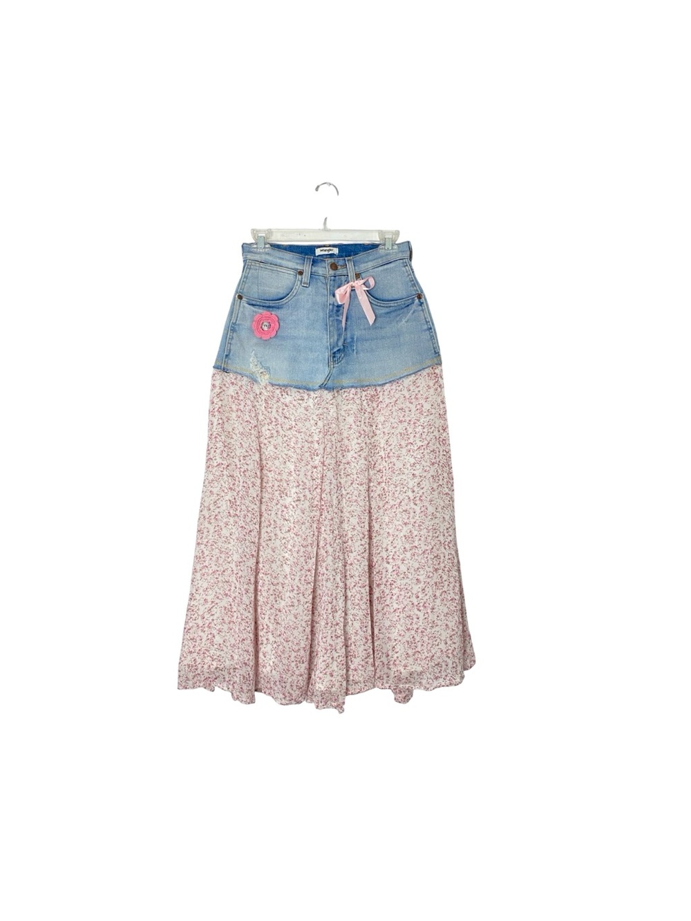 Wrangler Denim Jean Skirt Womens Size XS Handmade Upcycled OOAK Floral Waist 26 - Picture 13 of 13